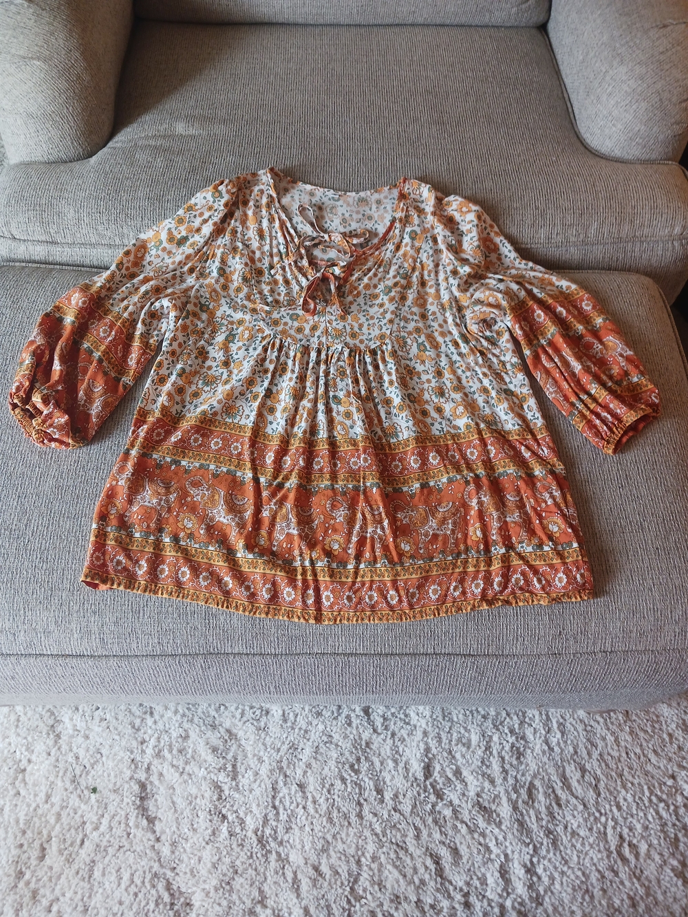 Boho Floral Peasant Top in Rust and Cream